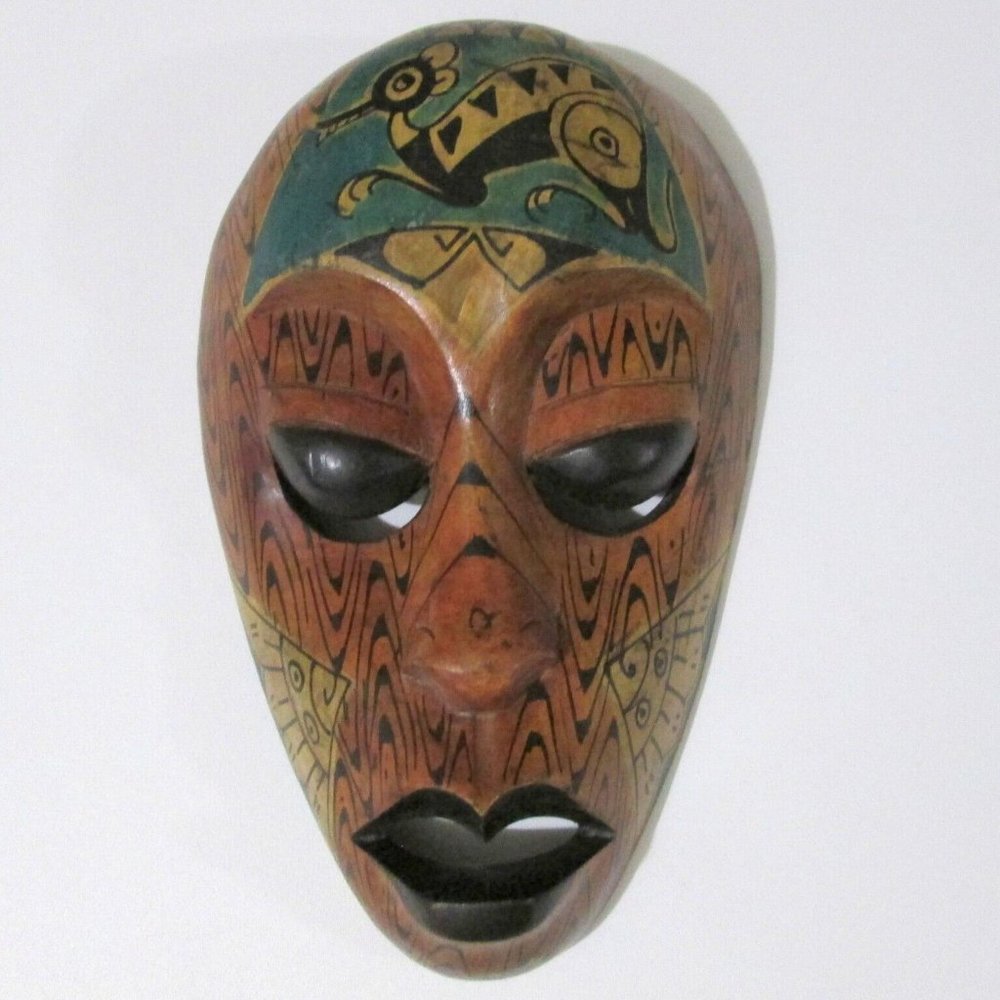 Carved Wood Tribal Face Mask Painted Wall Hanging 10 Inches Long